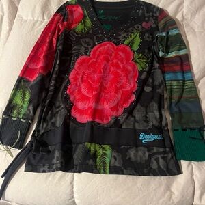 Desigual Women’s Black Top with Bright Red Rose and Green Accents